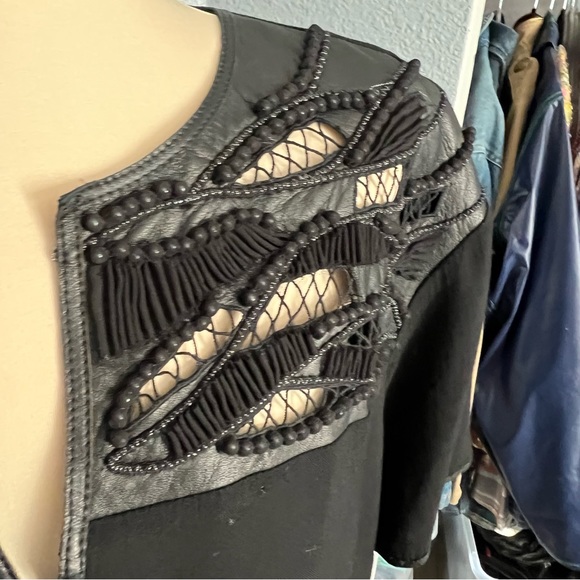 Lafayette 148 New York Black Tunic Top Woven Leather + Beading Details - Picture 6 of 12